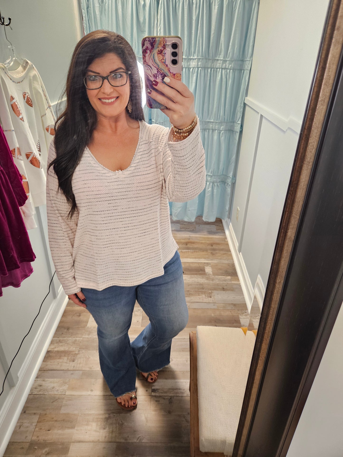 Pink Blue Striped Waffle Top