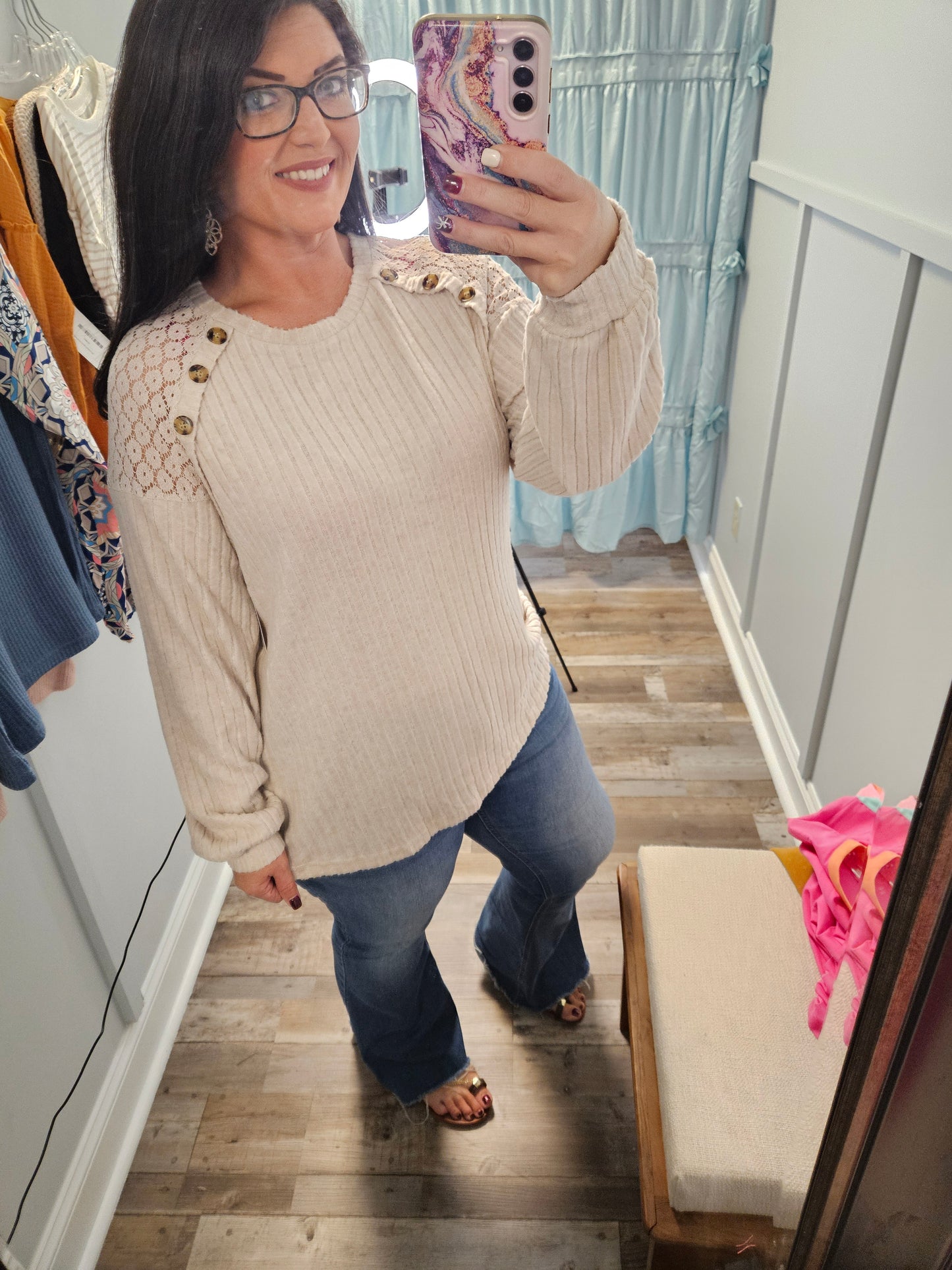 Beige Lace Shoulder Top