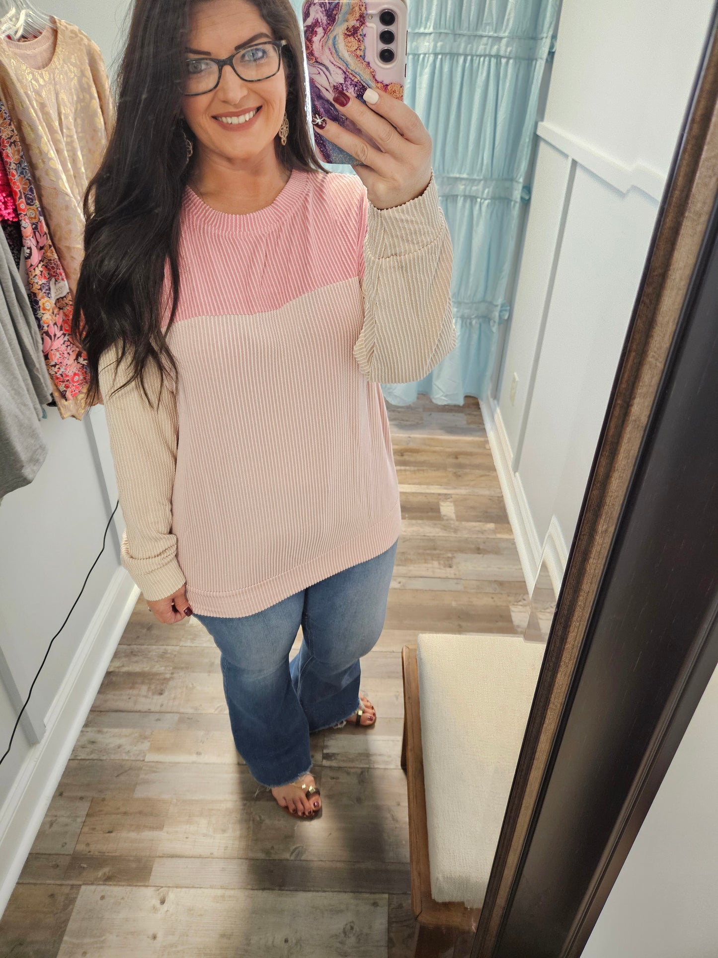 Pink Ribbed Colorblock Top