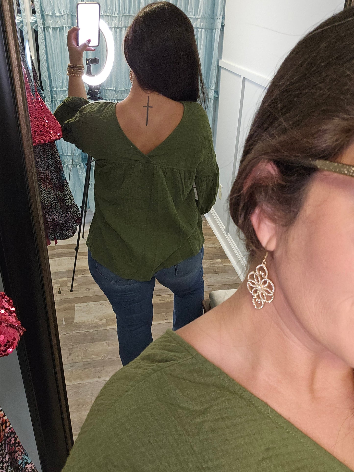 Green V-Neck Babydoll Top