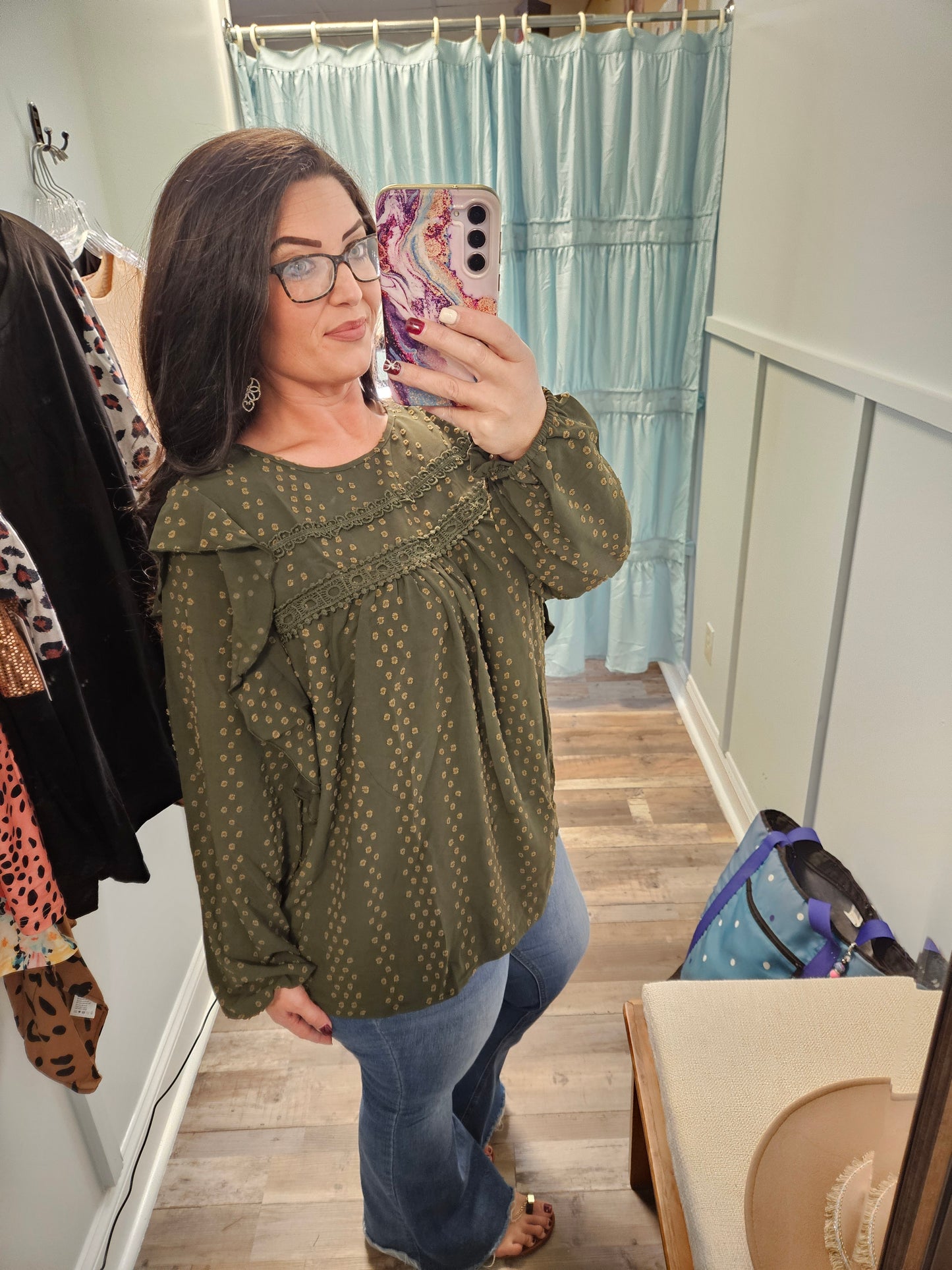Plus Green Swiss Dot Blouse