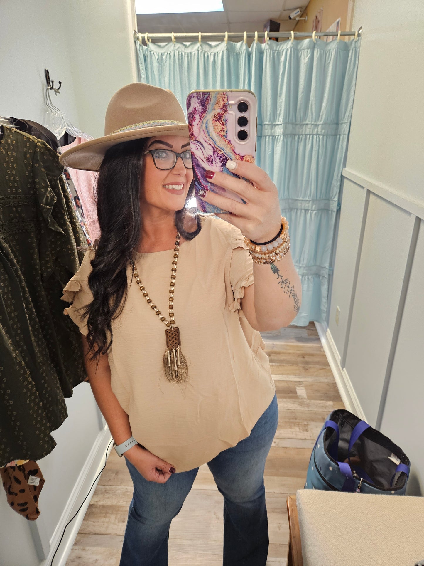 Plus Beige Ruffle Sleeve Top