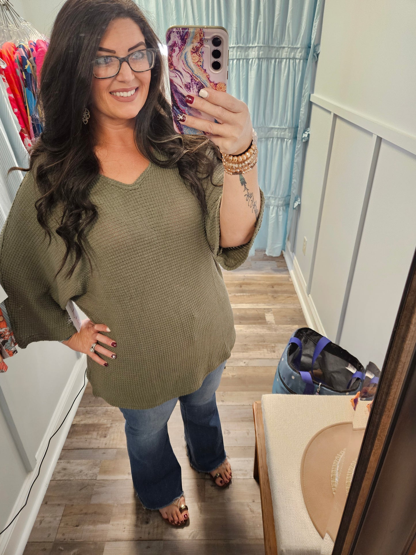 Plus Green Waffle V-Neck Top