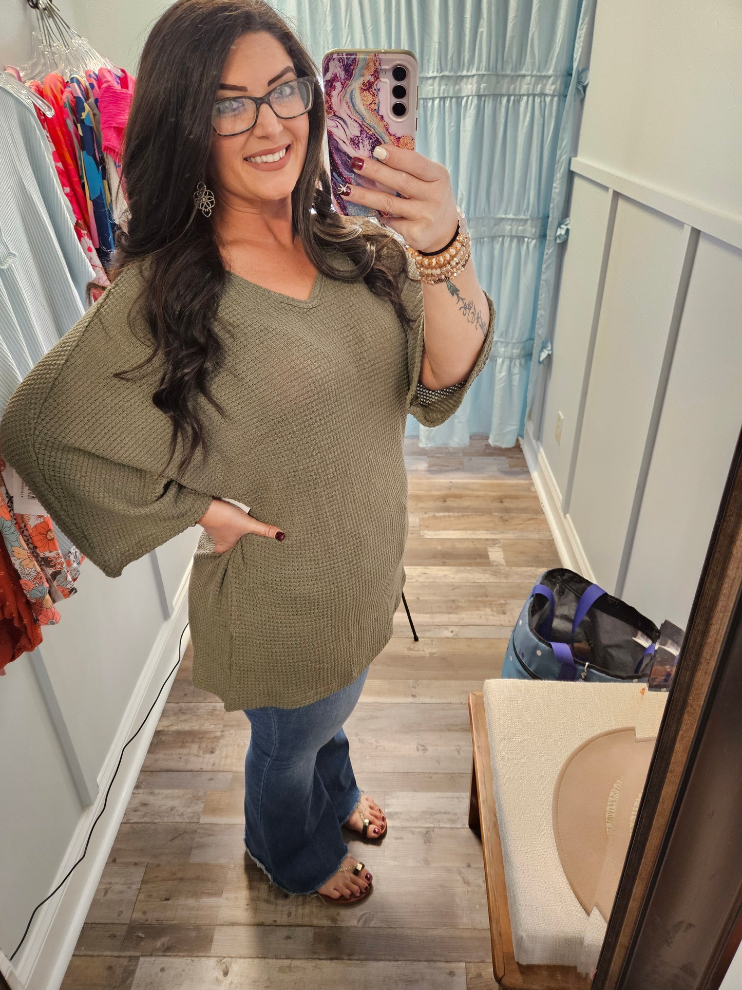 Plus Green Waffle V-Neck Top