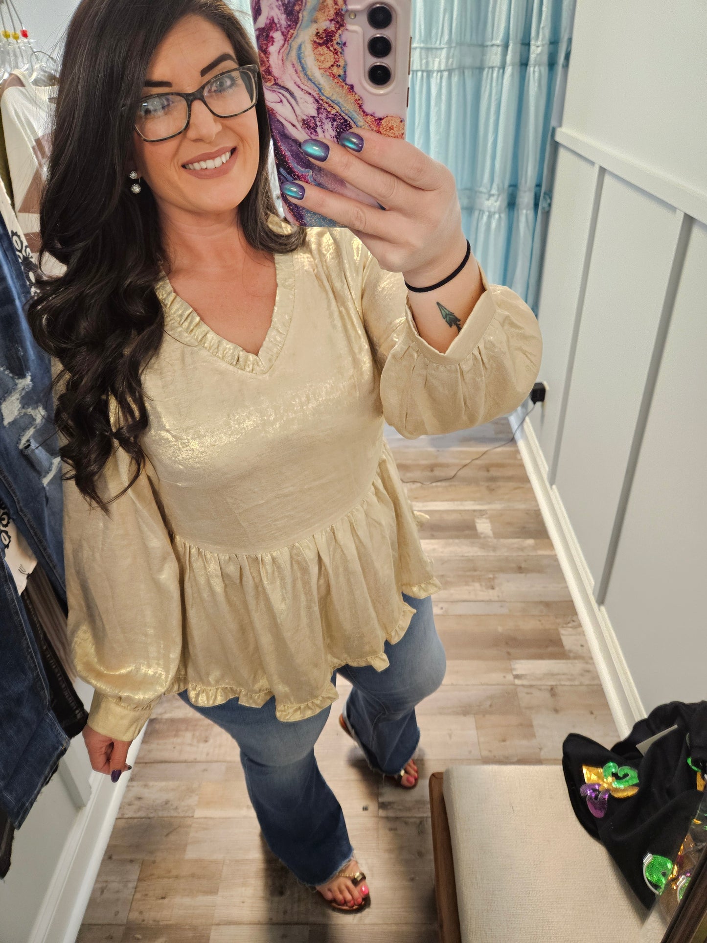 Gold Metallic Frilled Babydoll Top