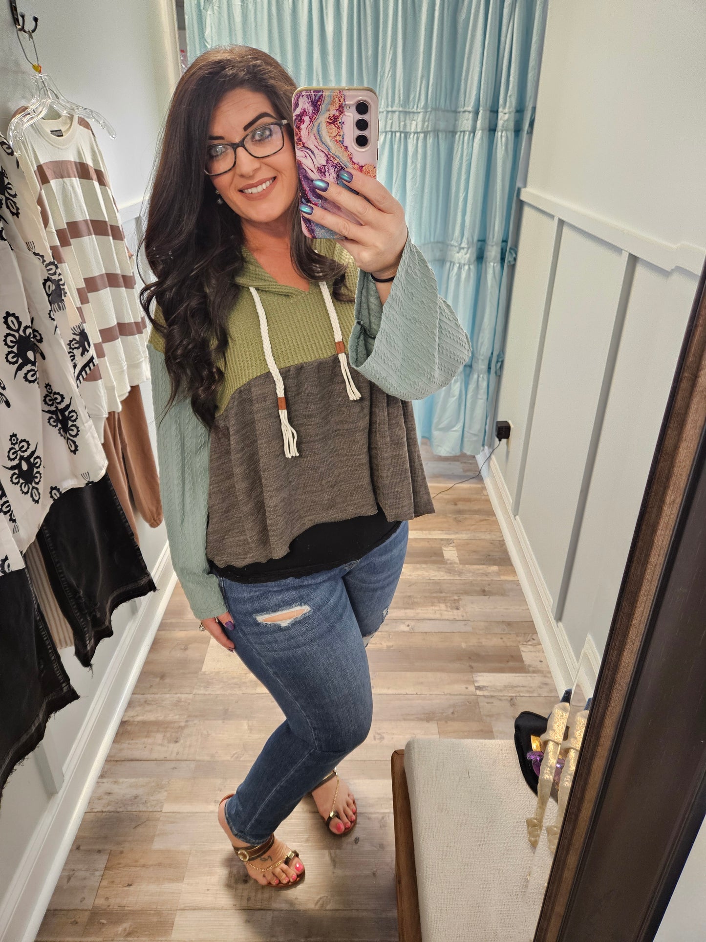 Laurel Green Texture Top w Hood