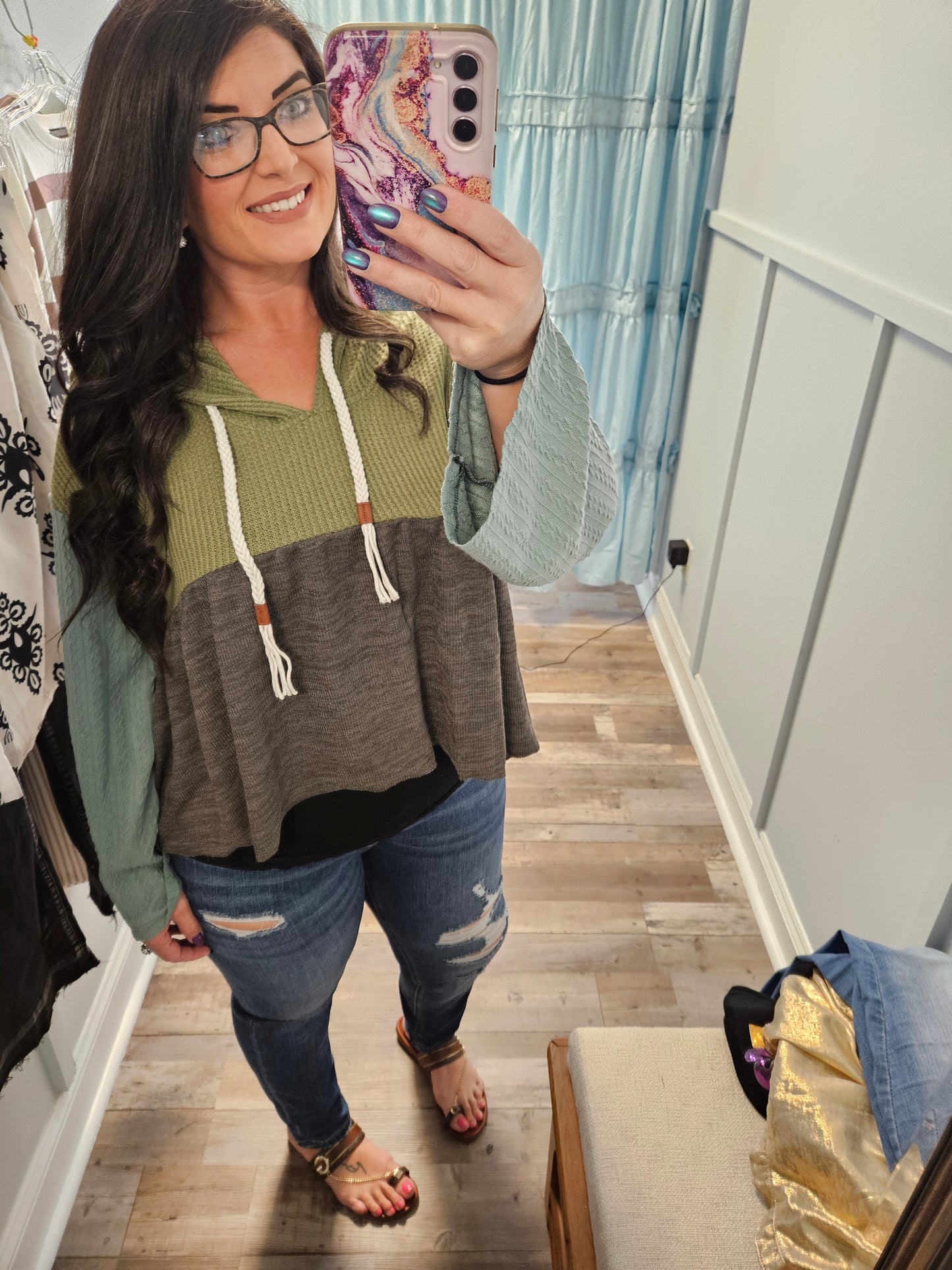 Laurel Green Texture Top w Hood
