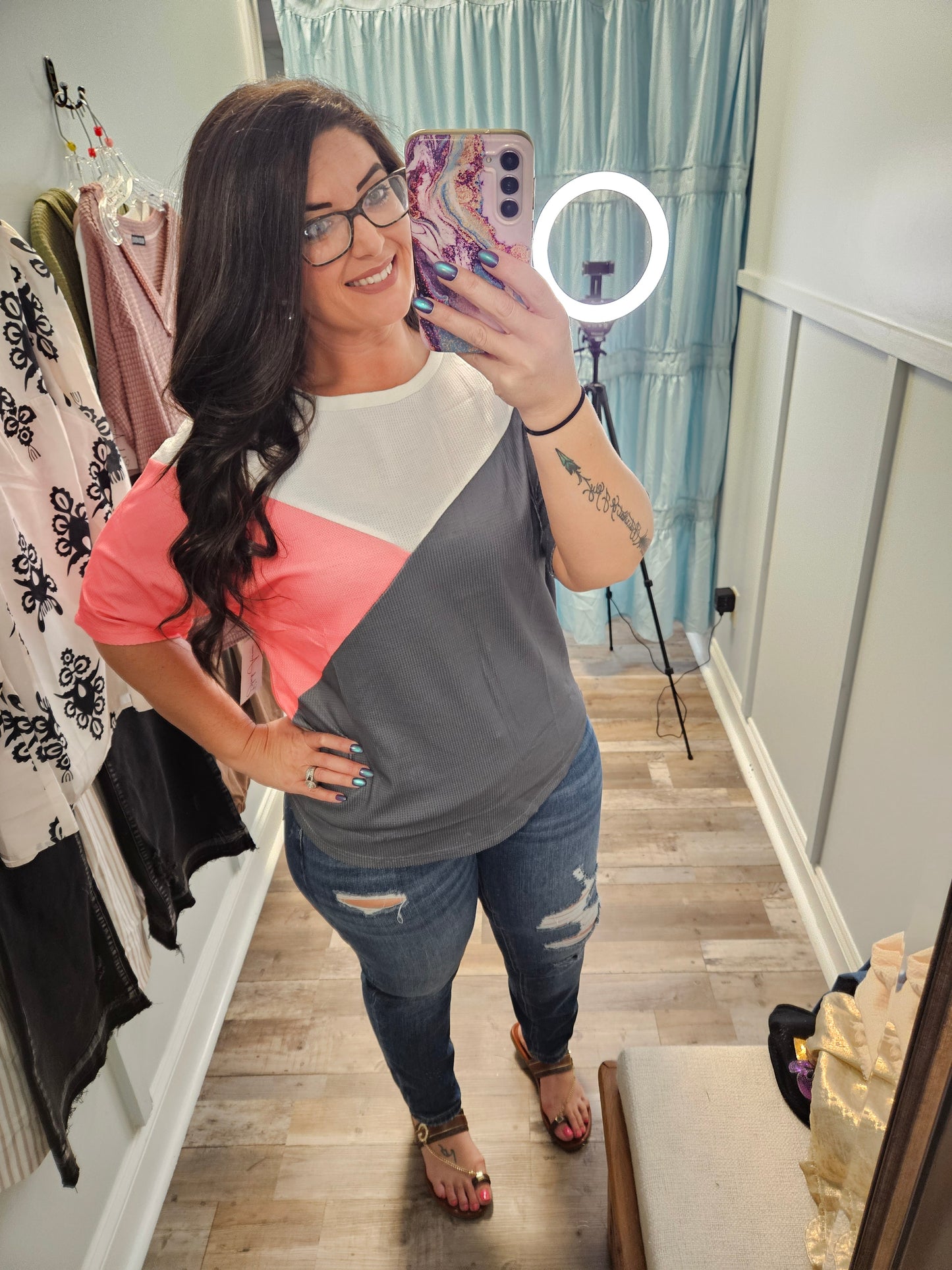 Pink Gray Colorblock Waffle Knit Top