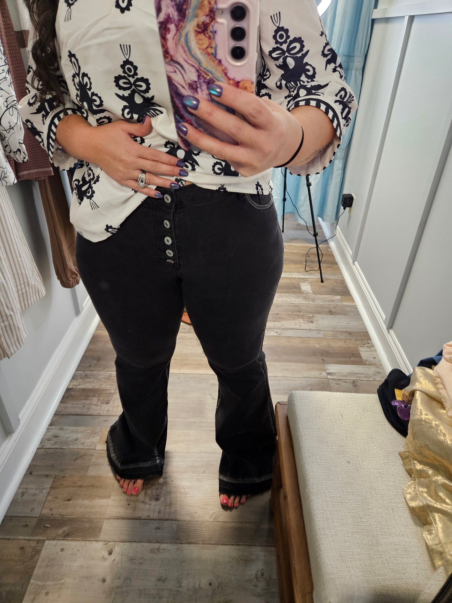 Black High Waist Button Flares