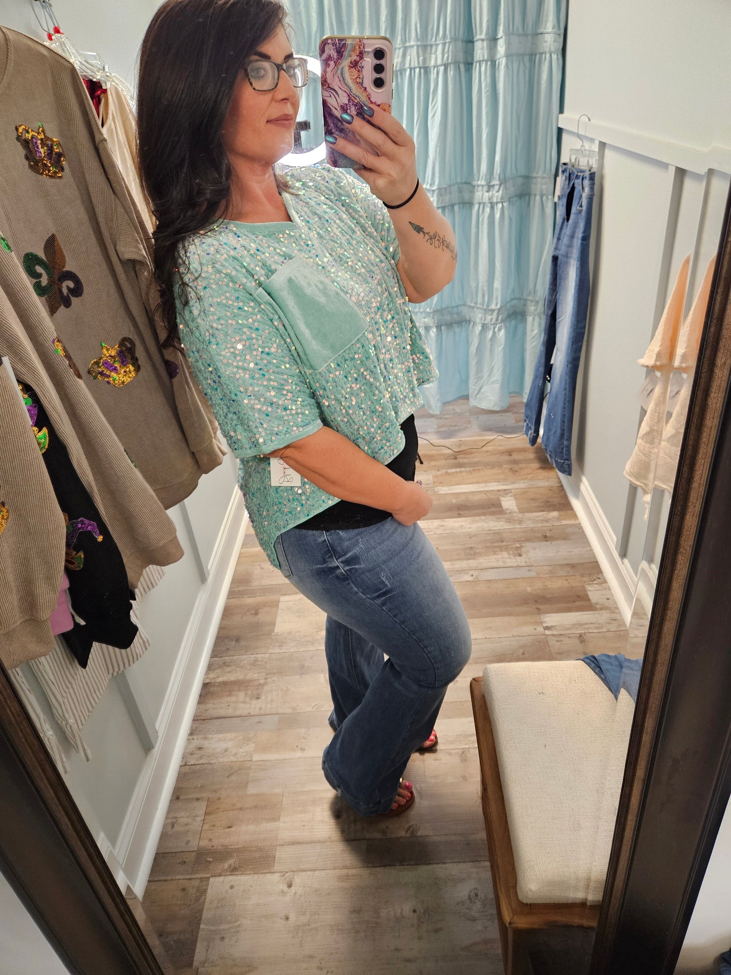 Jade Sequin Batwing Top