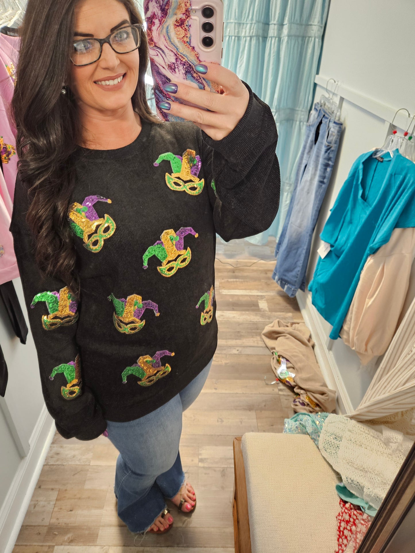 Black Mardi Gras Sequin Corded Top