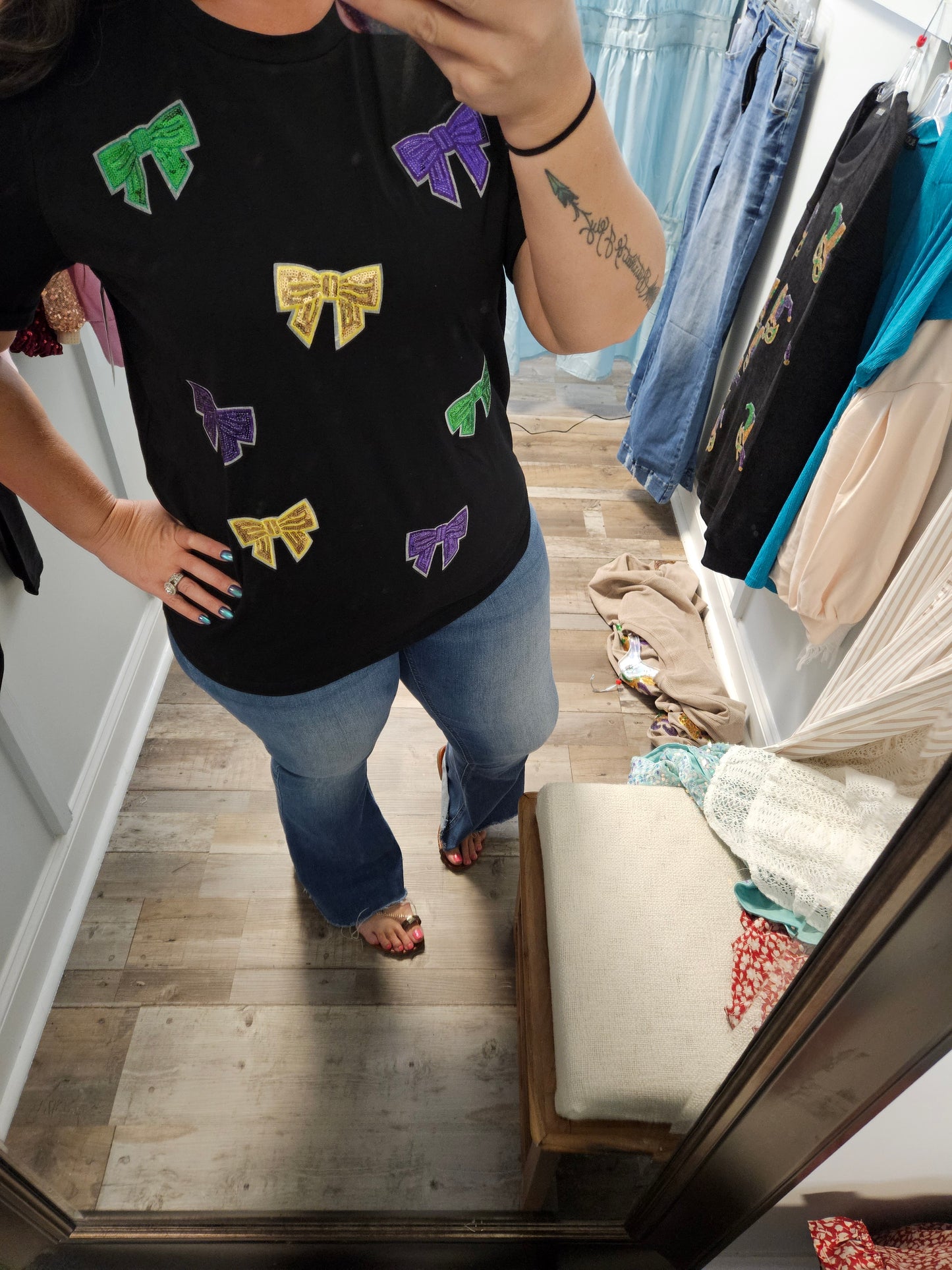 Black Mardi Gras Sequin Bow Top