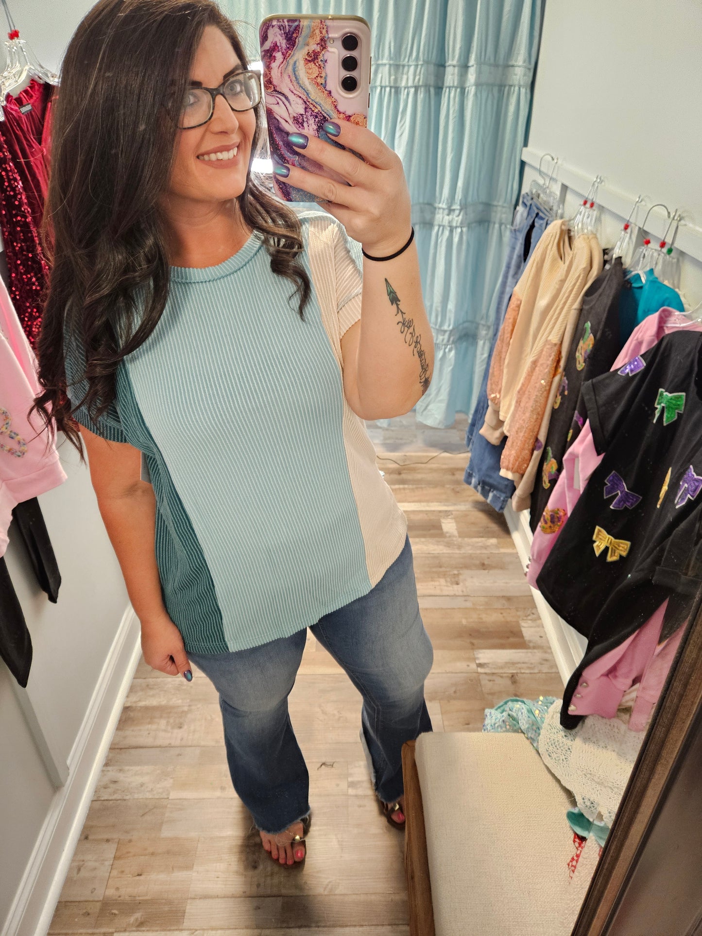 Mint & Green Colorblock Ribbed Top