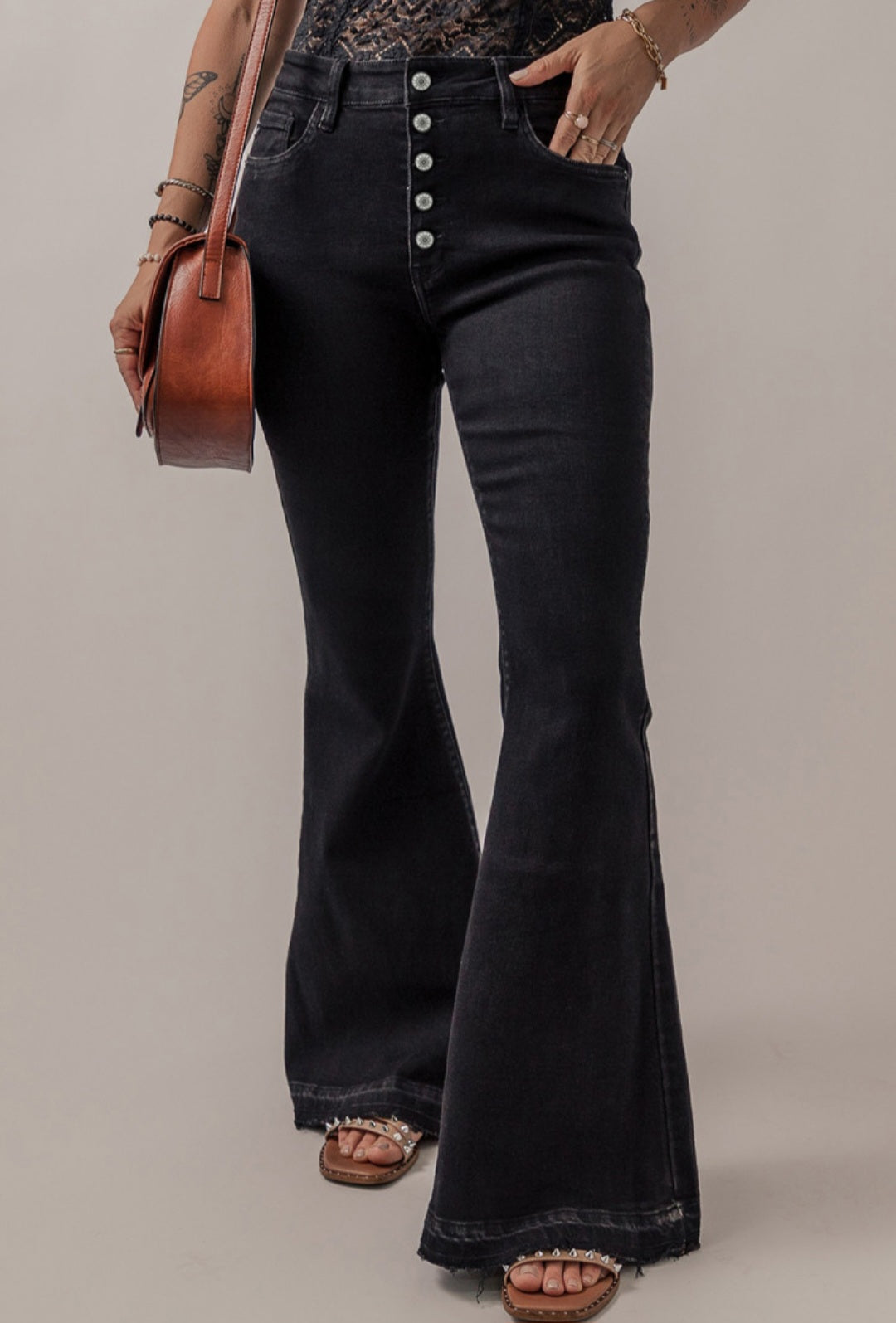 Black High Waist Button Flares