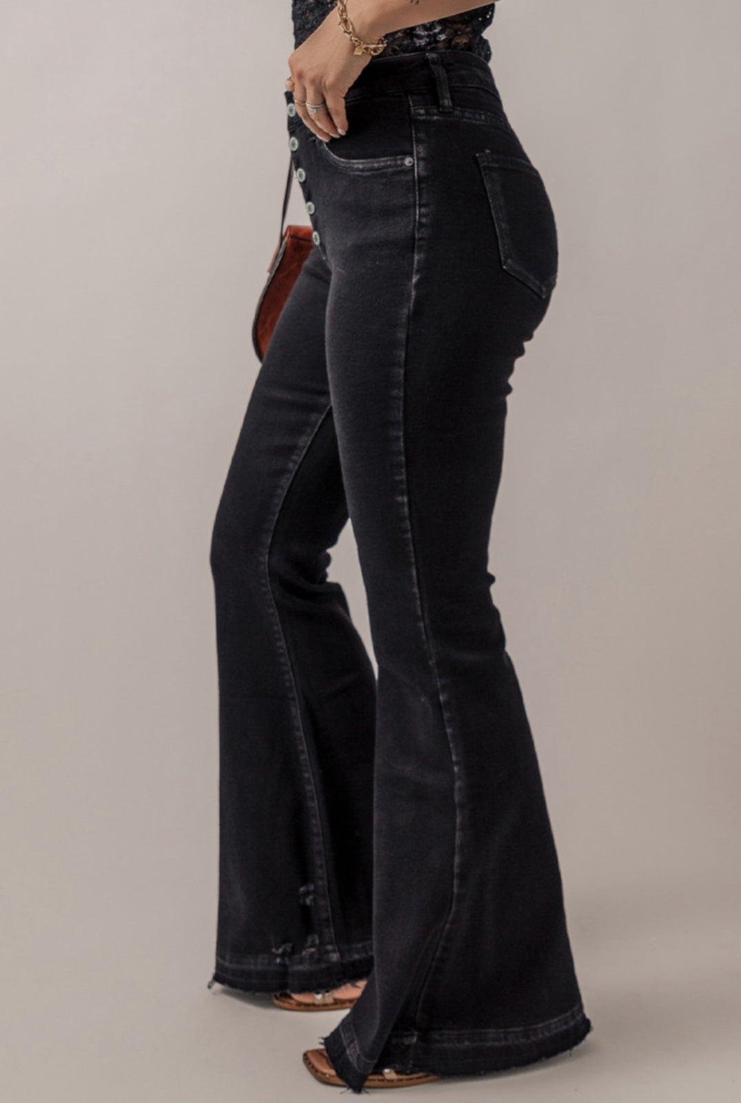 Black High Waist Button Flares