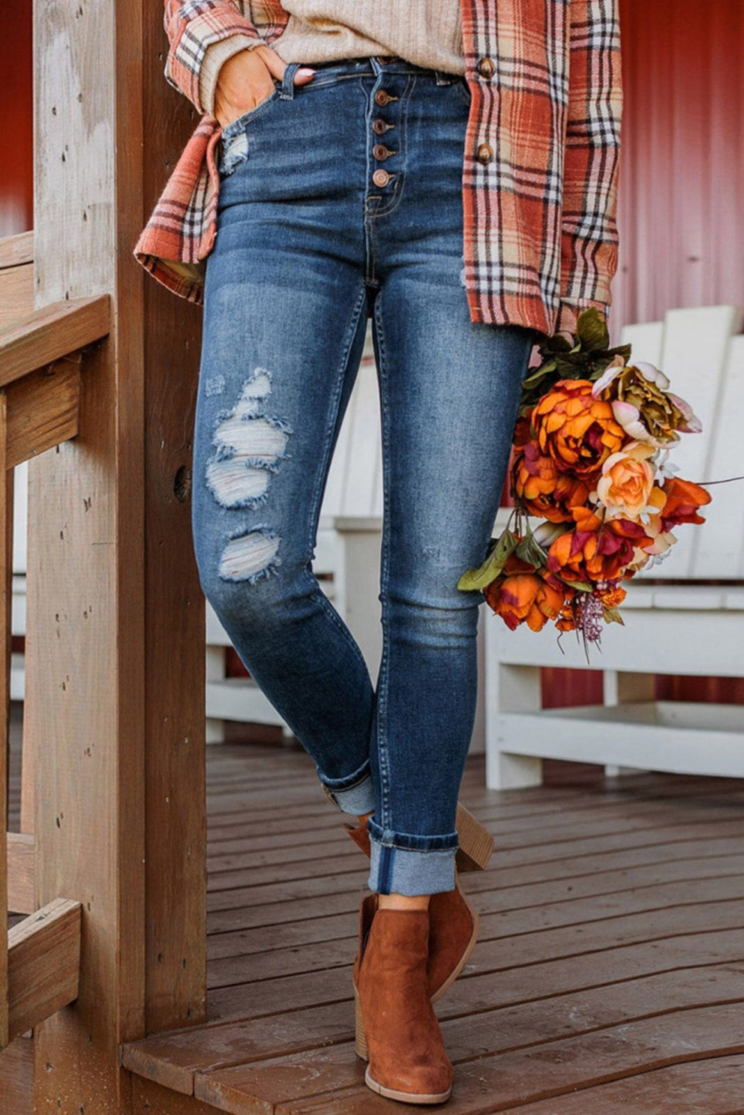 Distressed Button Down Skinny Crop Jean