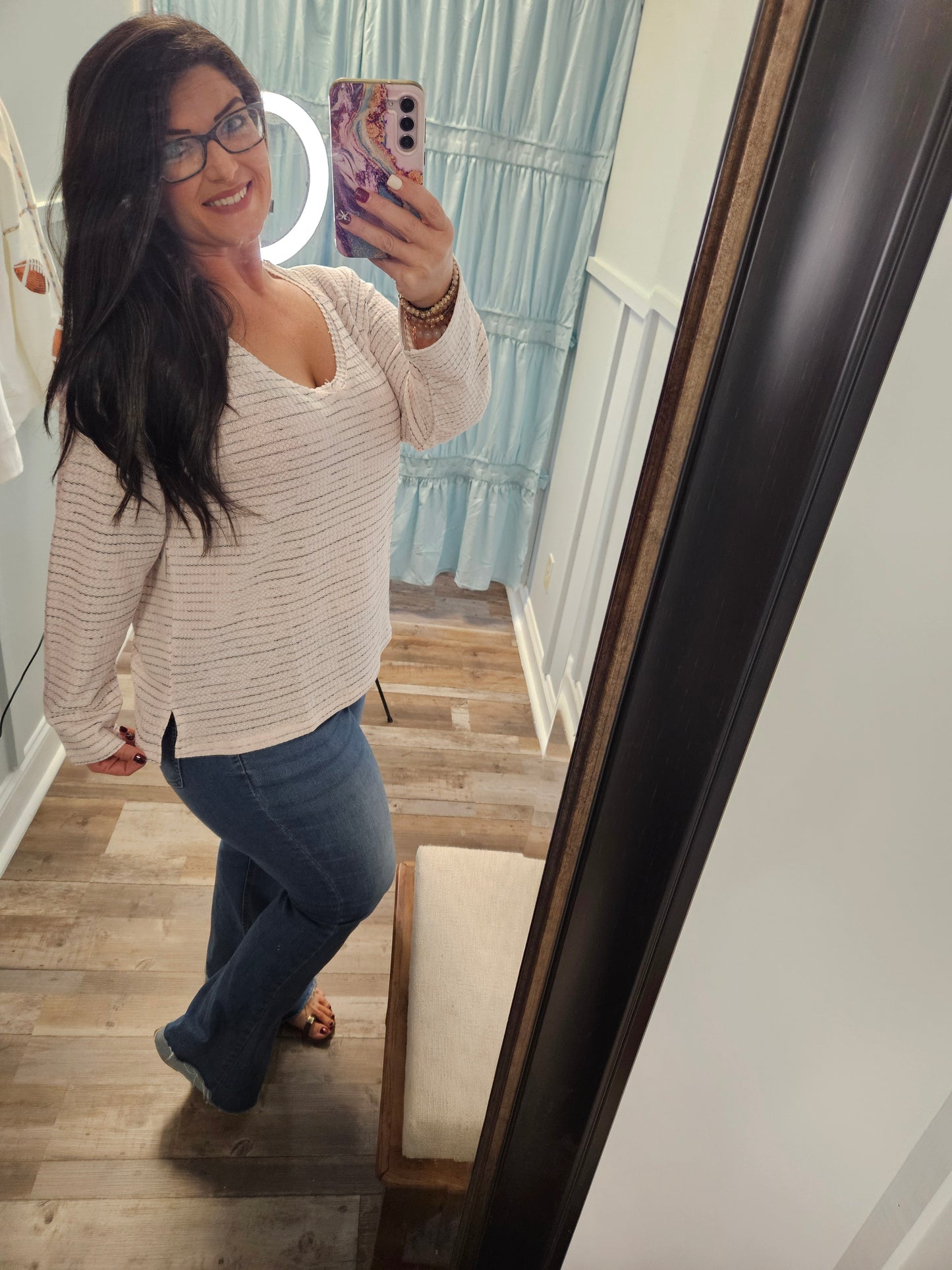 Pink Blue Striped Waffle Top