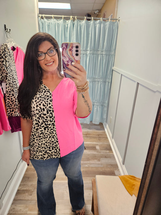 Pink Leopard Contrast Top
