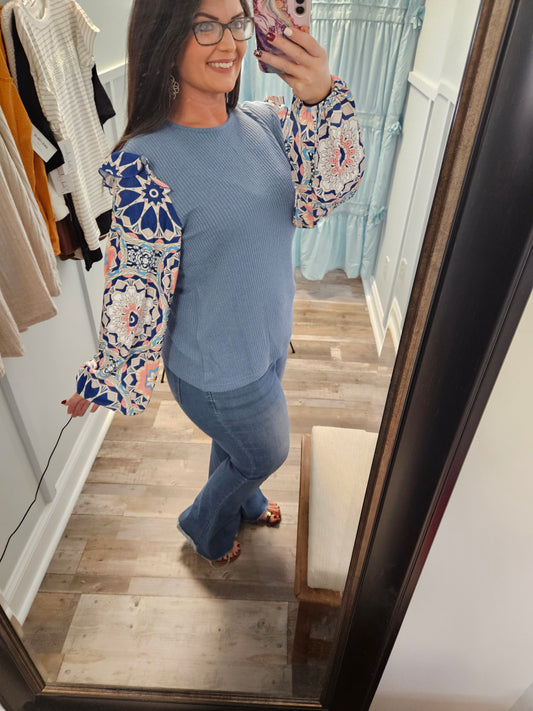 Blue Floral Sleeve Blouse