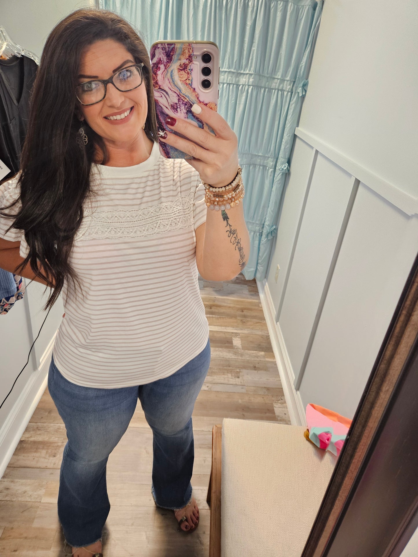 Beige Stripe Lace Top