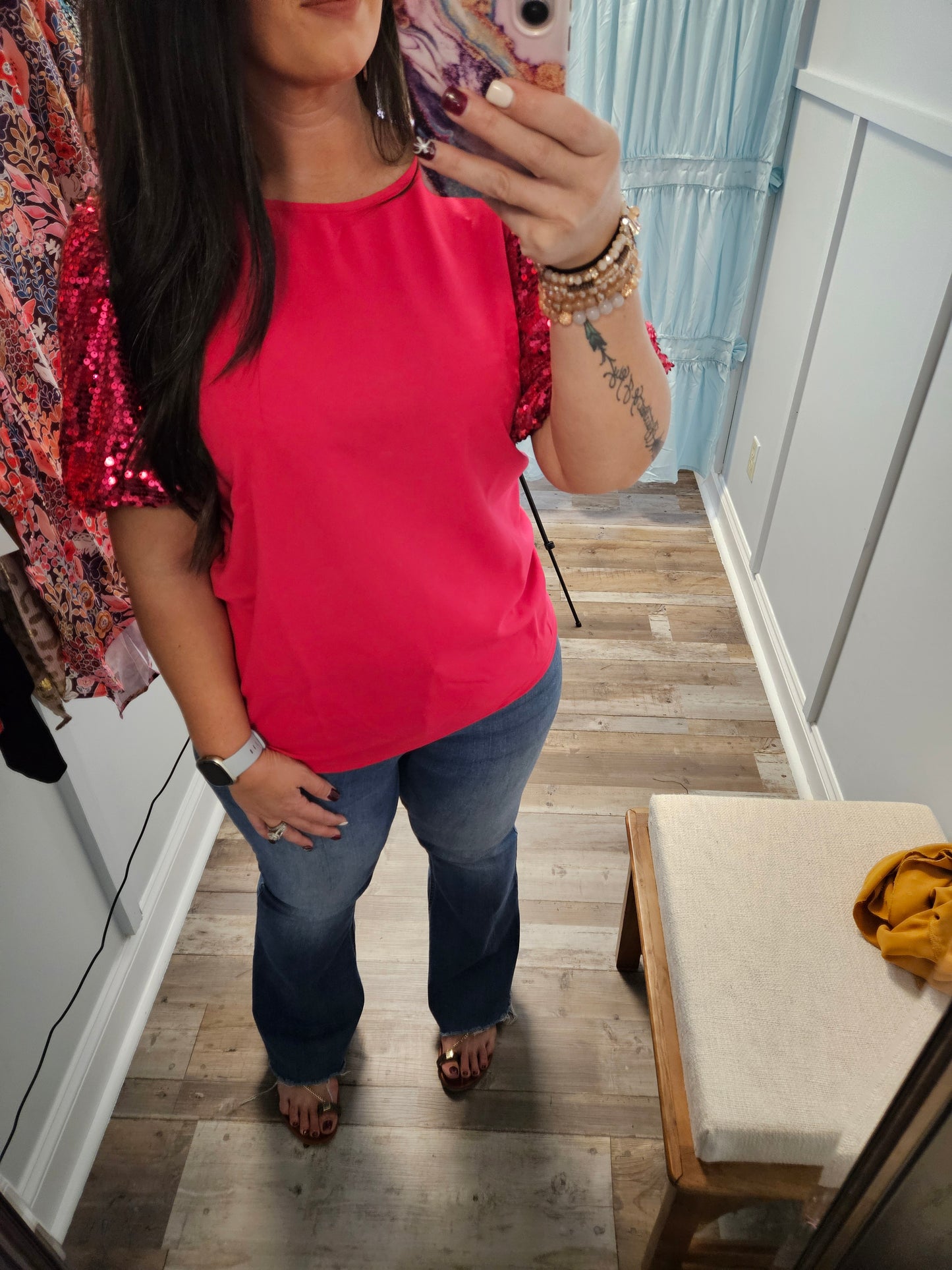 Pink Sequin Sleeve Top