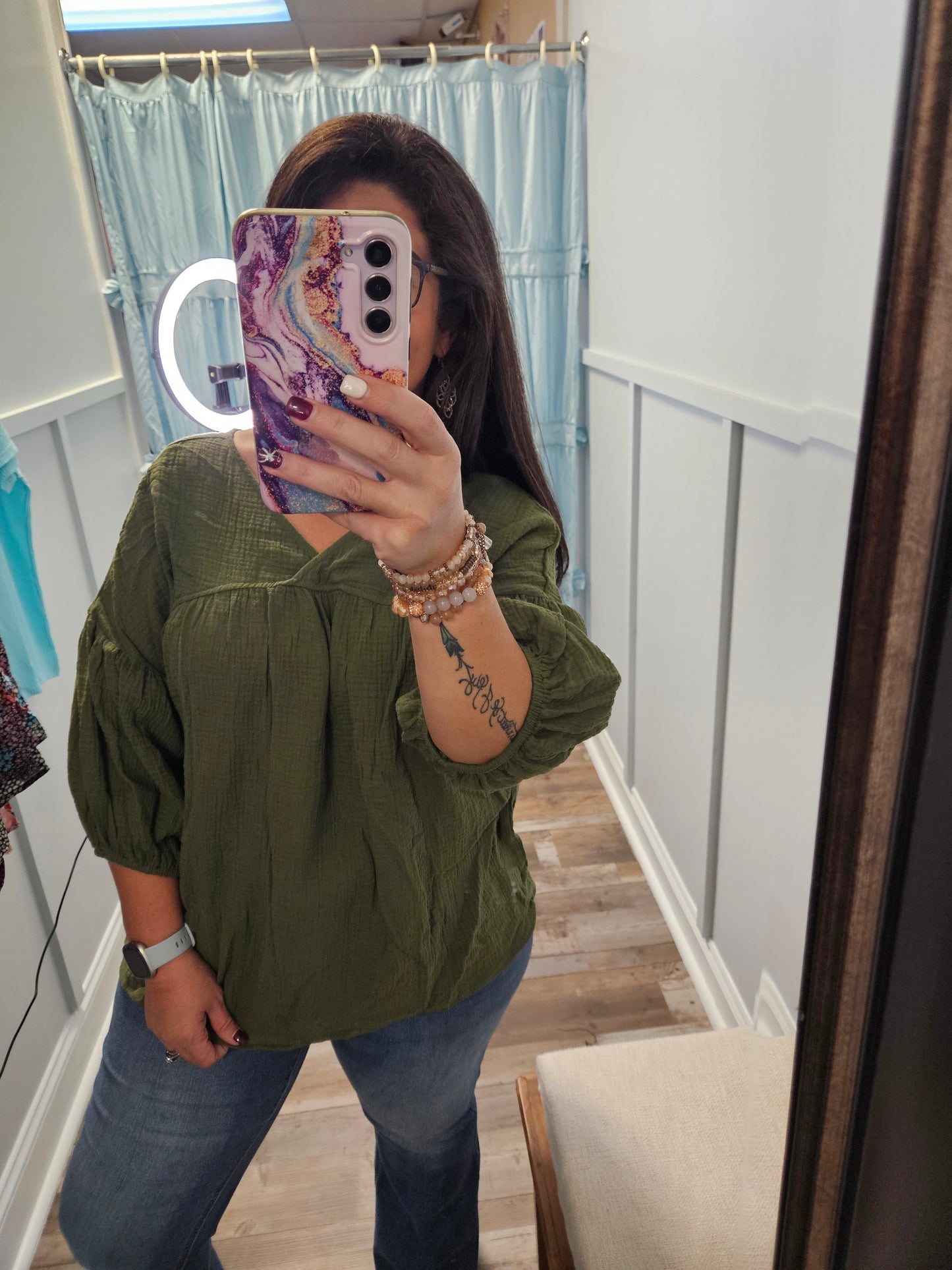 Green V-Neck Babydoll Top