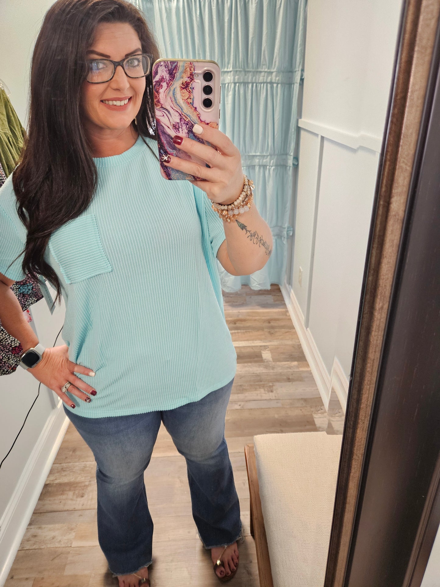 Aqua Ribbed Pocket Tee