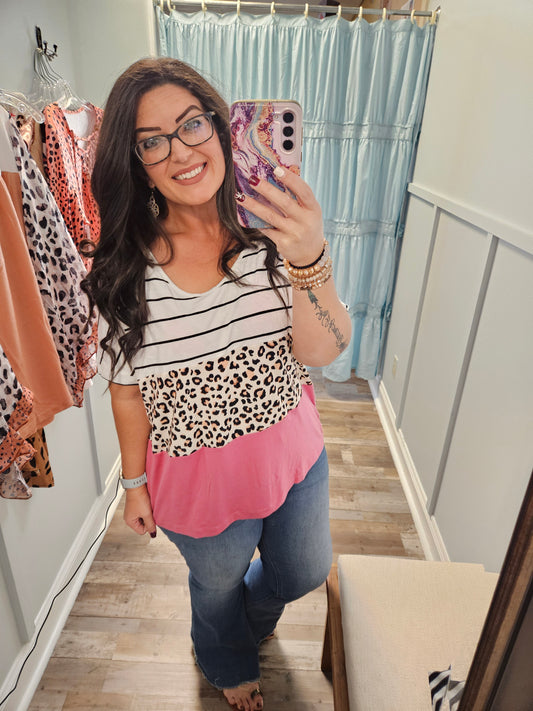 Plus Striped Leopard Colorblock Top
