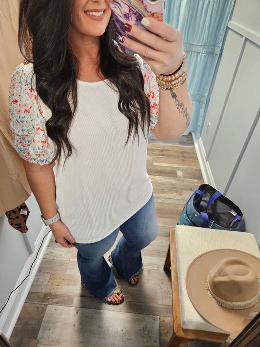 Plus White Floral Sleeve Top