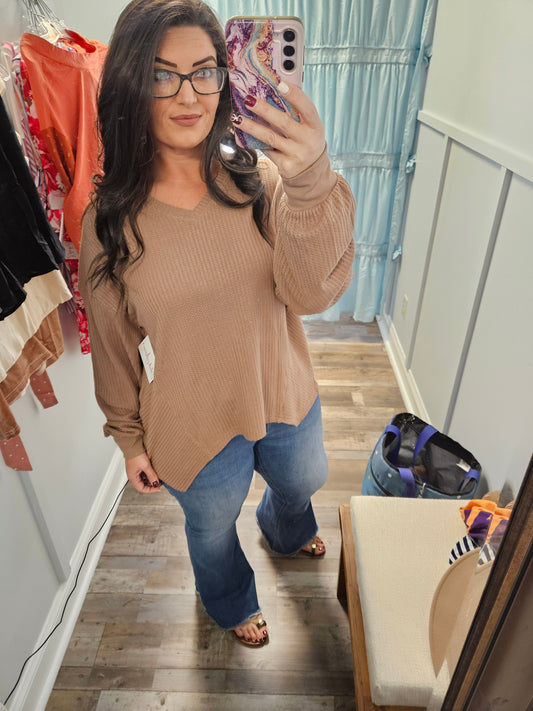 Coffee Waffle V-Neck Top
