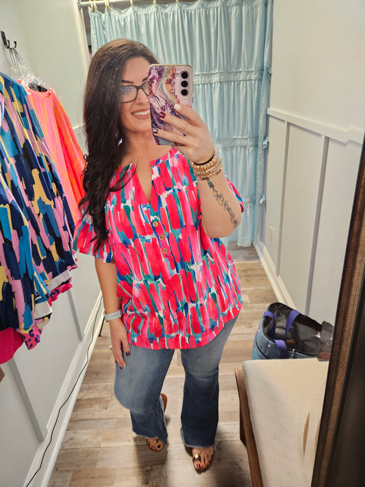 Plus Rose Brushstroke Ruffle Top