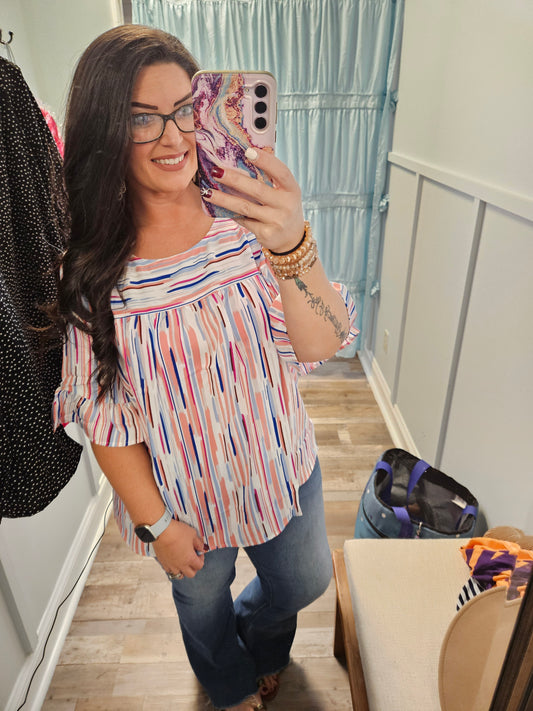 Plus Striped 3/4 Ruffle Top