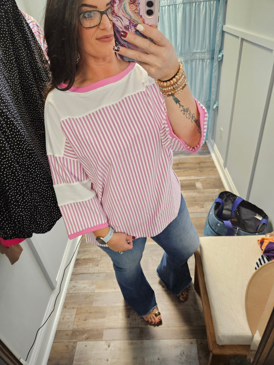 Plus Pink Stripe Patchwork Top