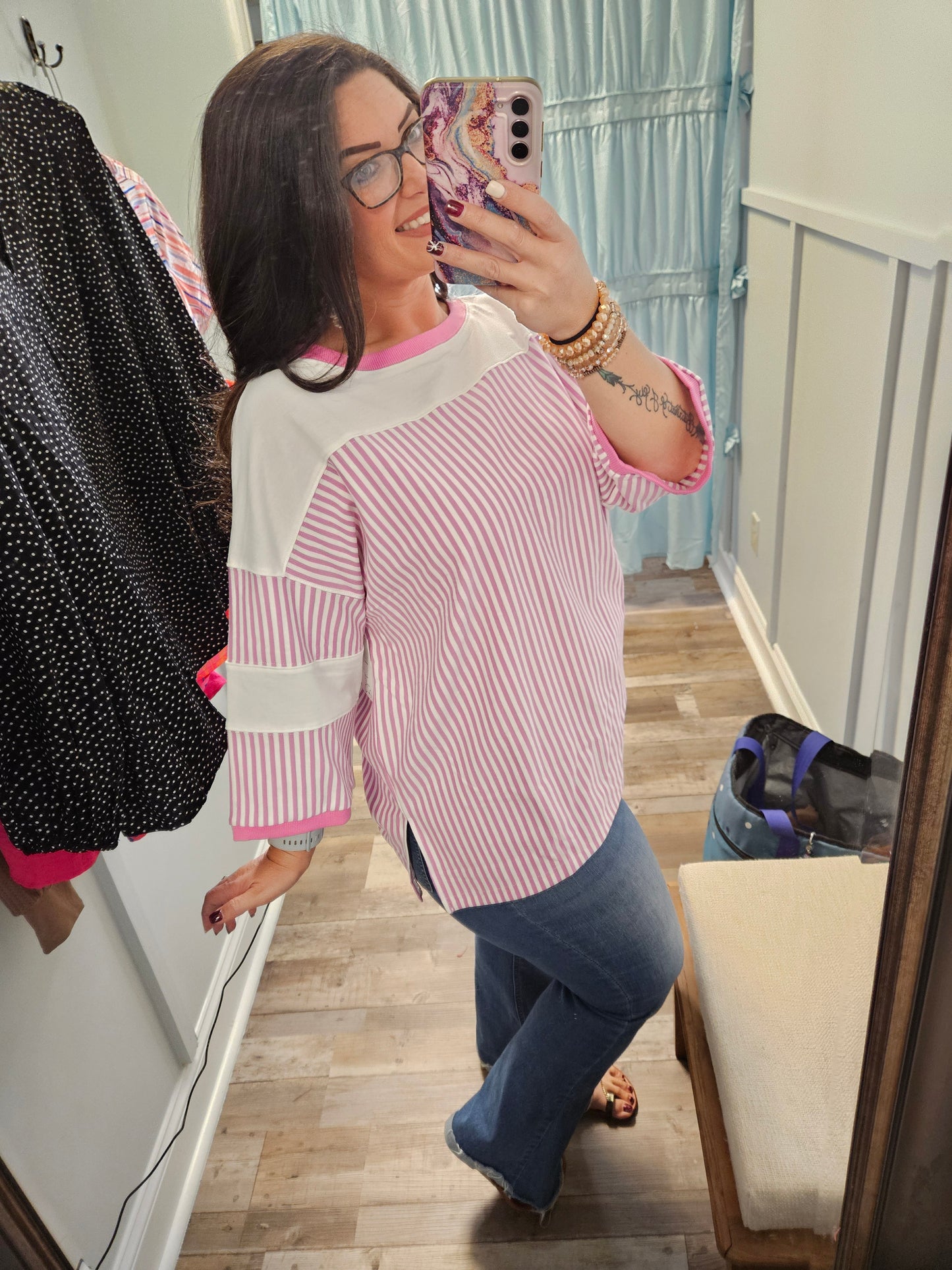 Plus Pink Stripe Patchwork Top