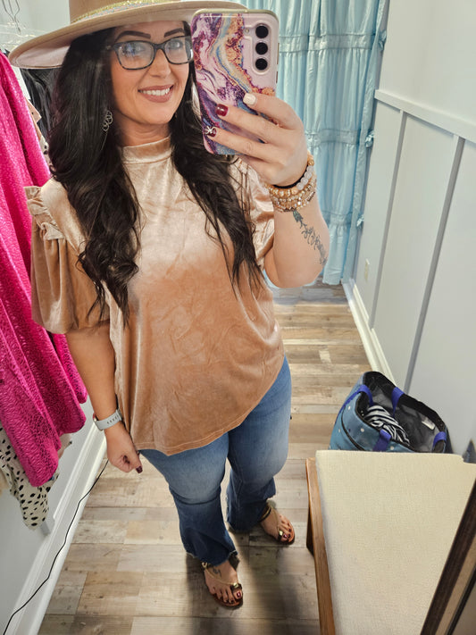 Beige Velvet Puff Sleeve Top