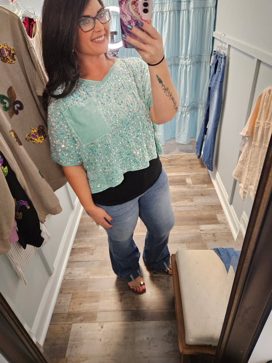 Jade Sequin Batwing Top