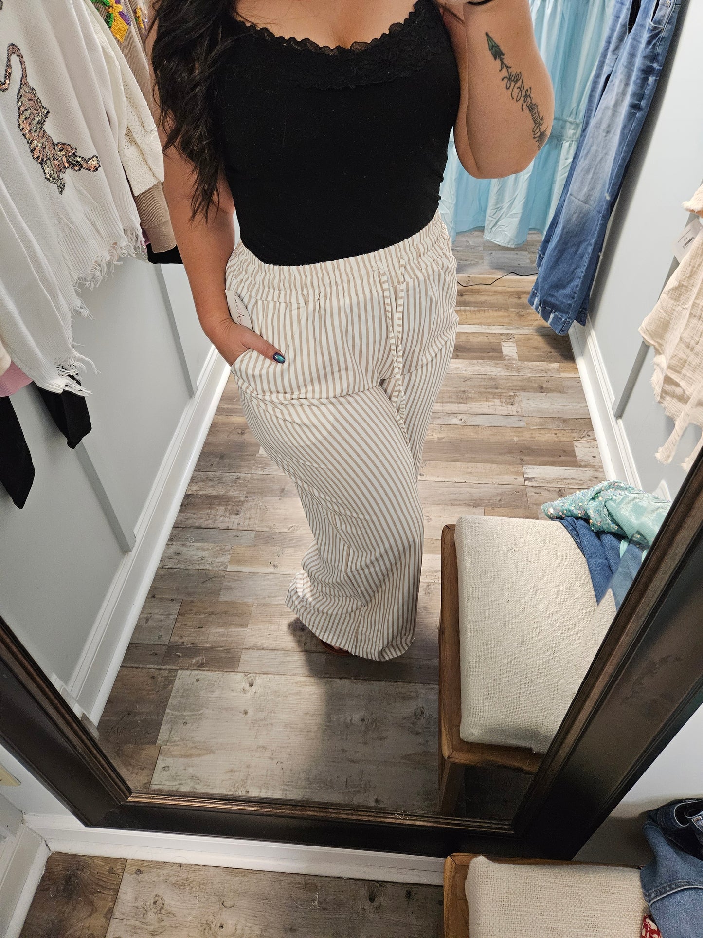 Khaki Stripe Wide Leg Lounge Pants