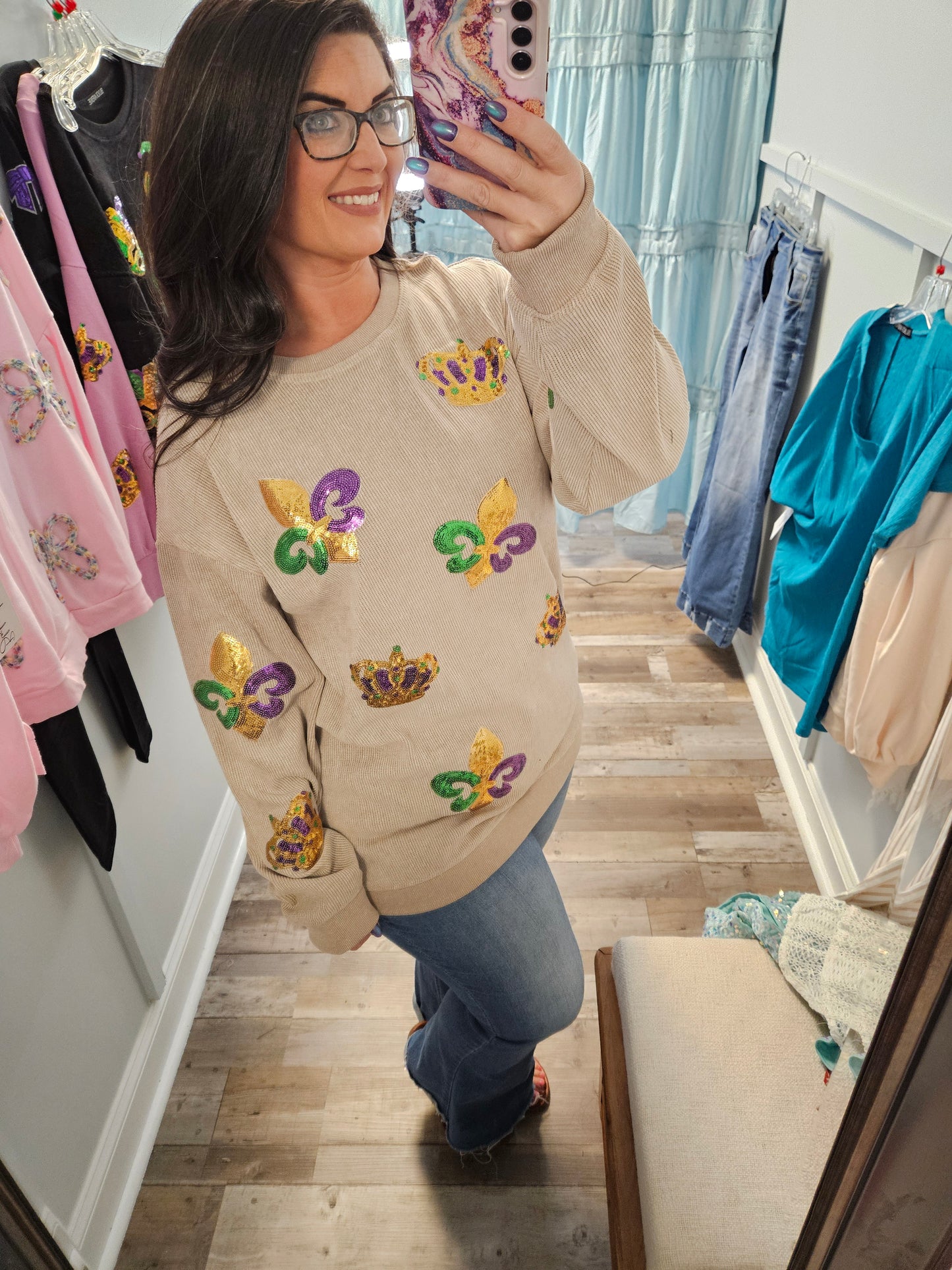 Khaki Mardi Gras Sequin Top